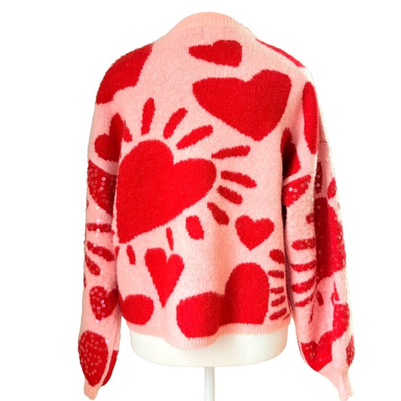 Luna Ivy size S pink w red hearts sequins long sleeve crew neck pullover sweater - Picture 3 of 16